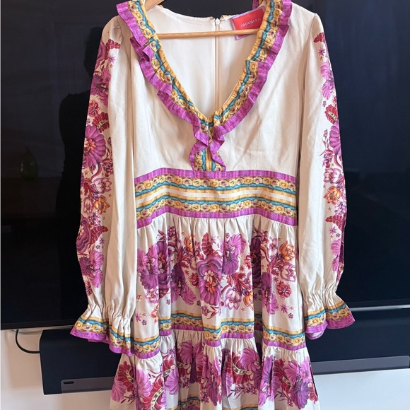 Floral Ruffled V-Neck Short Dress in Cream and Pink - Picture 2 of 2